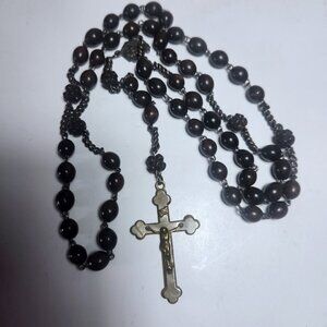 Vintage Catholic Rosary Bakelite and Brass Cross Hardwood Beads Steel Chain